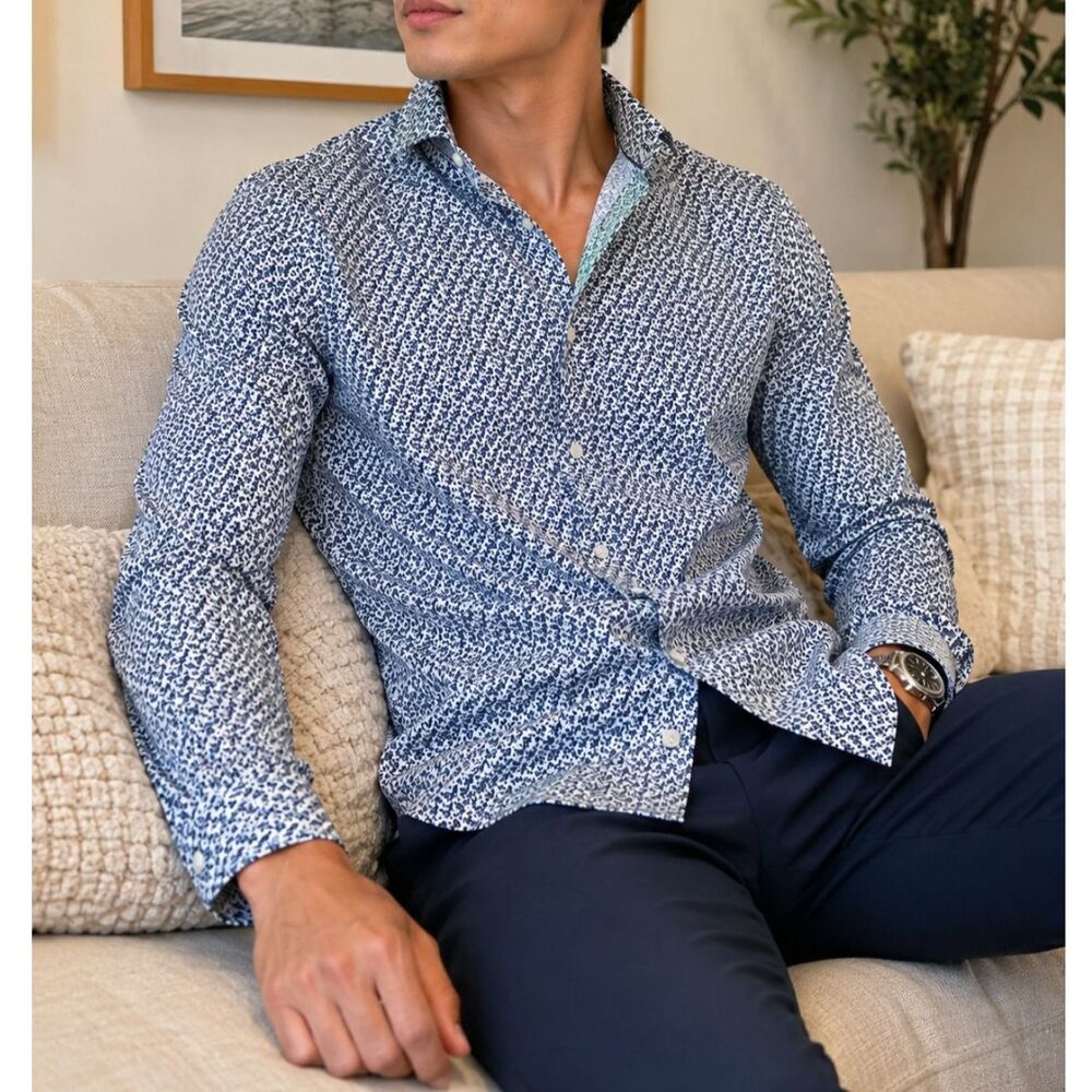 C-LAB NYC Men's Navy Blue Floral 4-Way Stretch Slim Fit Dress Shirt S 14.5 32-33